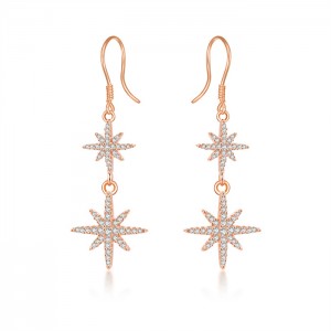 Double North Star Drop Earrings in Rose Gold with Zircons