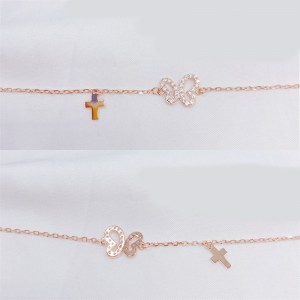 Sterling Silver Bracelet, Butterfly & Cross Pendant, Rose Gold Plated